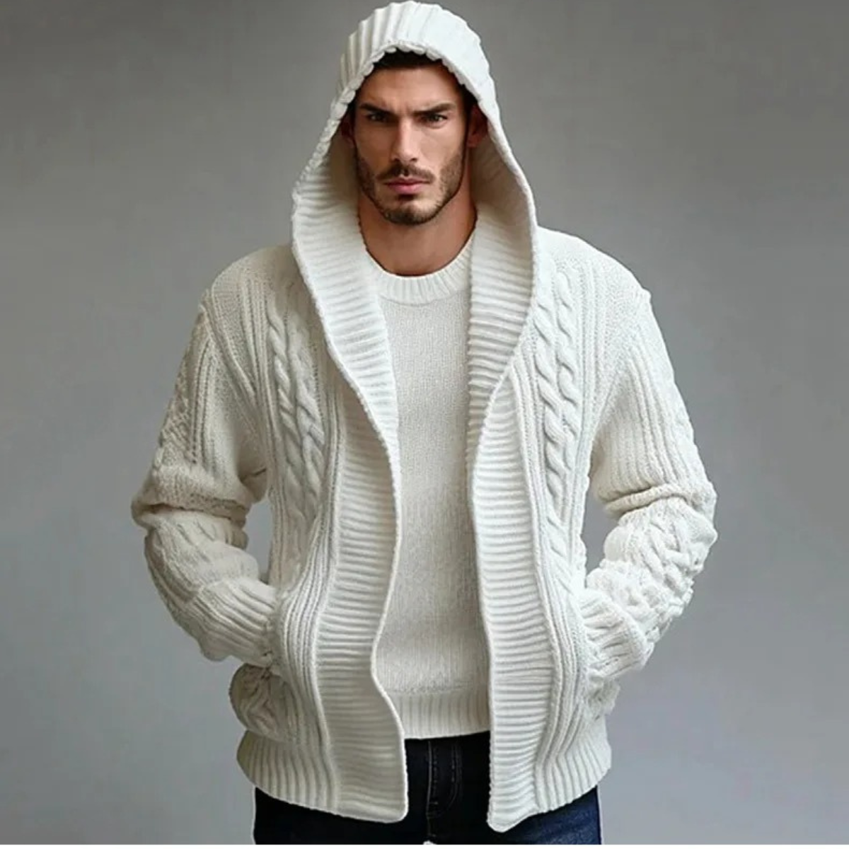 The Trieste Men's White Hooded Cable Knit Winter Sweater