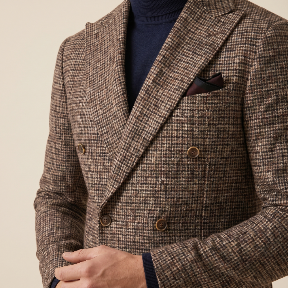 Men's Herringbone Tweed Suit Beige Double Breasted