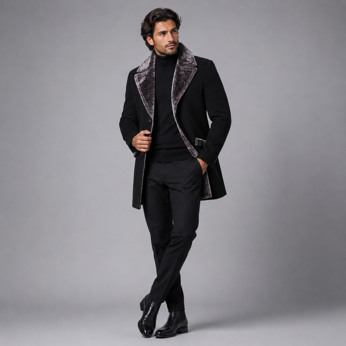 The Pinebrook Men’s Winter Slim Fit Long Jacket with Fur Lapel