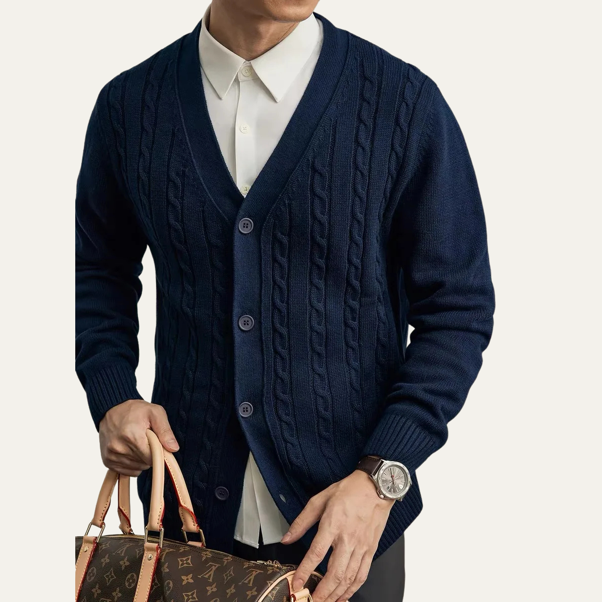 The Rochester Men's Classic Cable Knit Button Up Cardigan