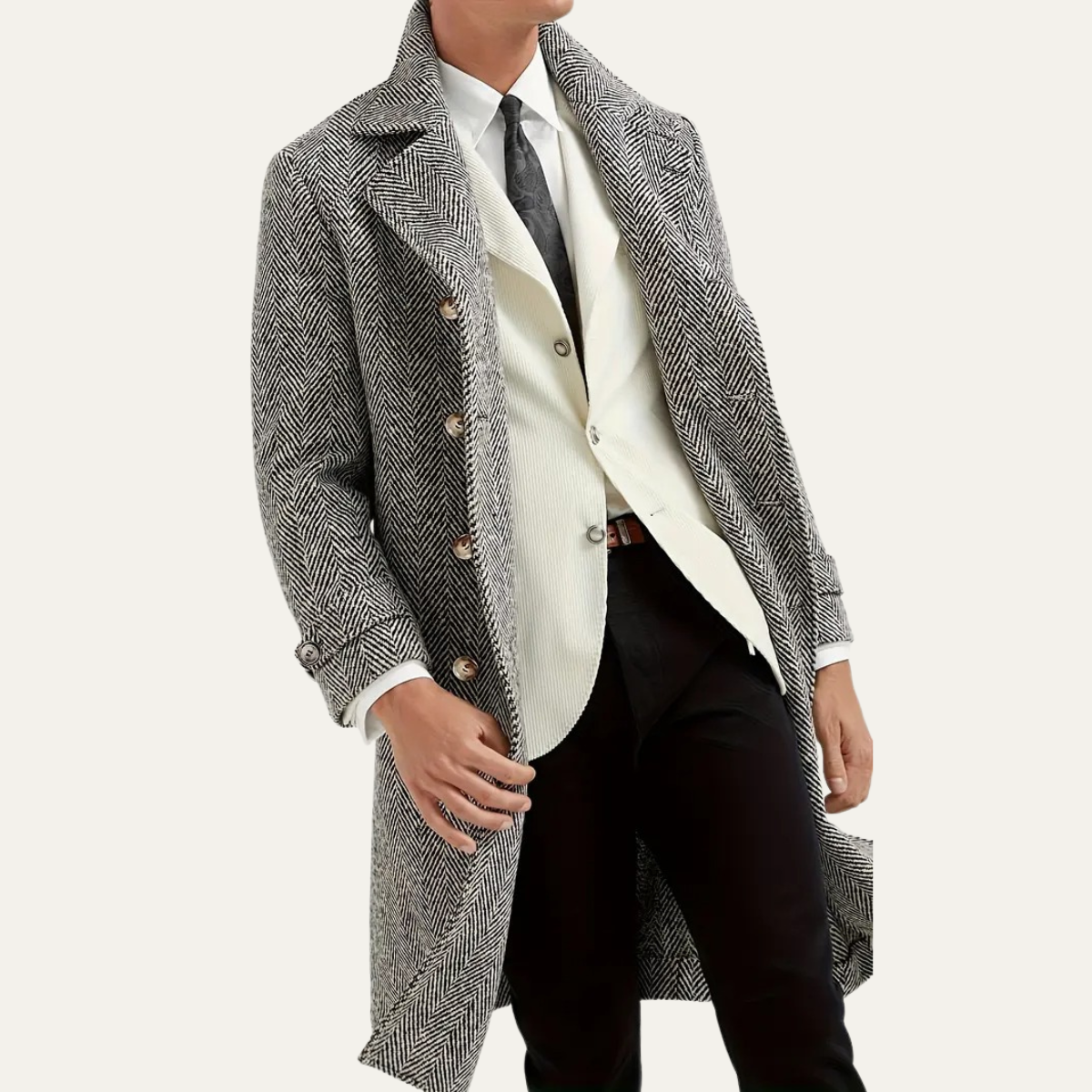 Men's Herringbone Double Breasted Wool Coat