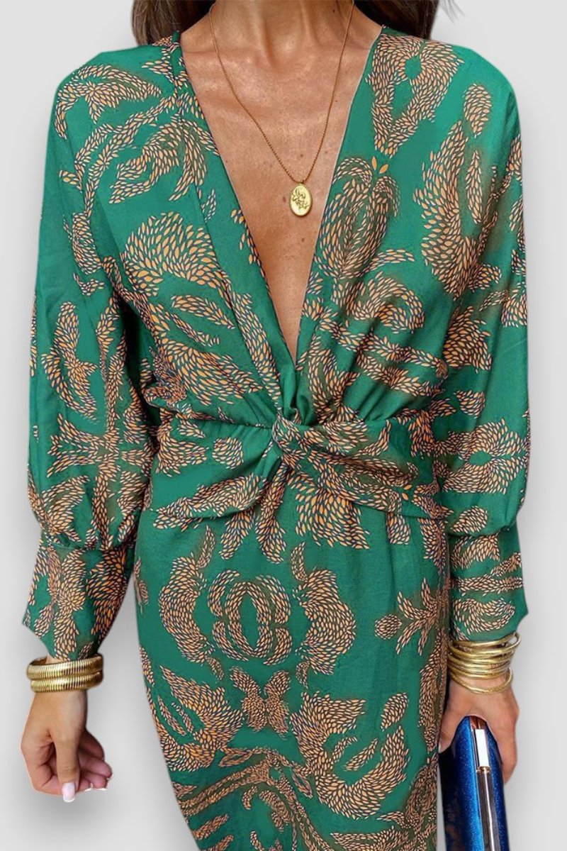 Women's Printed Midi Dress with Gathered Waist