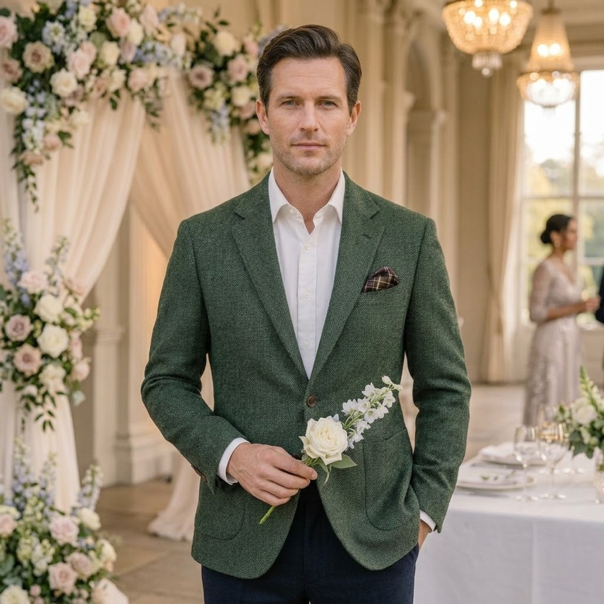 The Gravedona Men’s Office Herringbone Single Breasted Wool - Wedding Guest Tweed Blazer Jacket