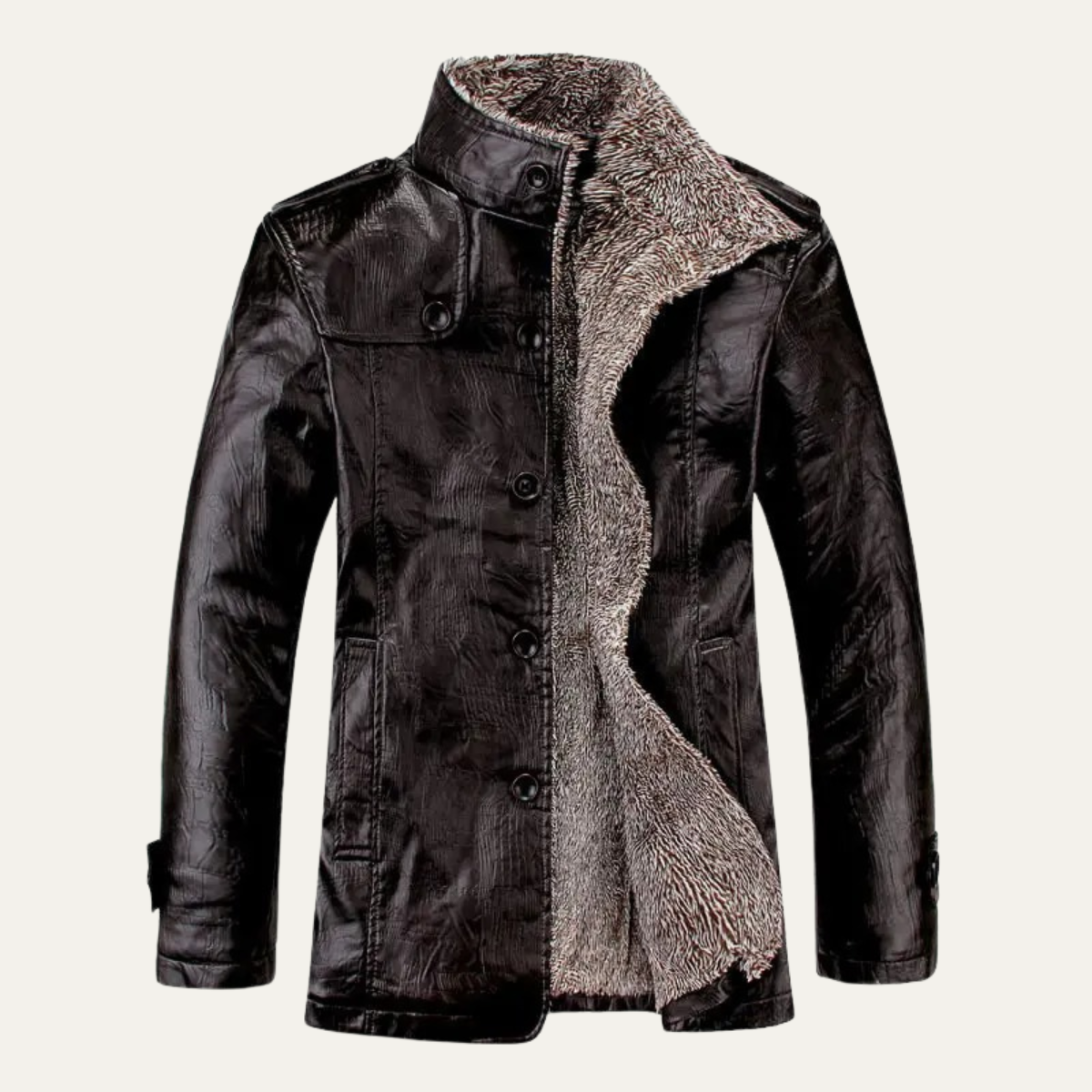 The Salina Men’s Warm Fleece Line Leather Jacket with Stand Collar
