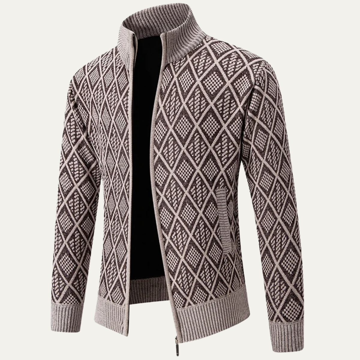 The San Gimignano Men’s Knit Diamond Pattern Zip Jacket with Stand Collar