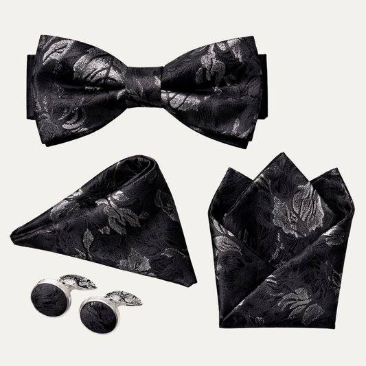 The Ashbury Men’s Bow Tie with Pocket Square & Cufflinks Set – Black Paisley