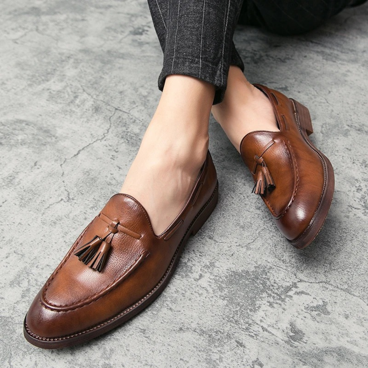 The Hawthorne Park Men’s Pointed Toe Tassel Faux Leather Slip On Loafers