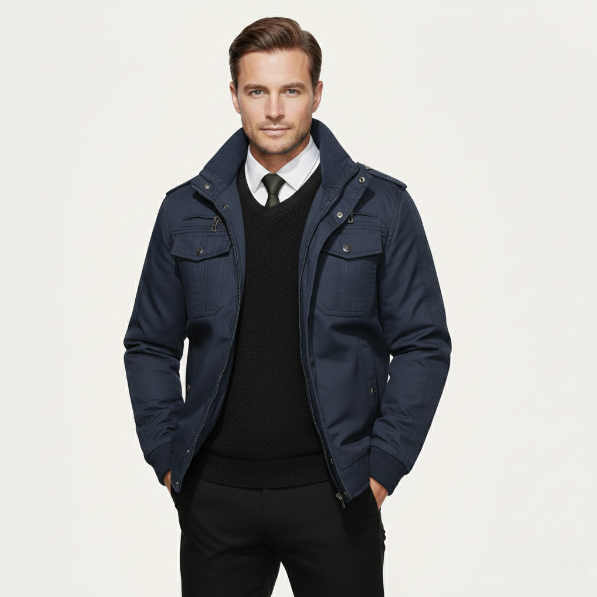 The Macerata Men’s Thermal Military Style Zip-Up Fleece Lined Jacket