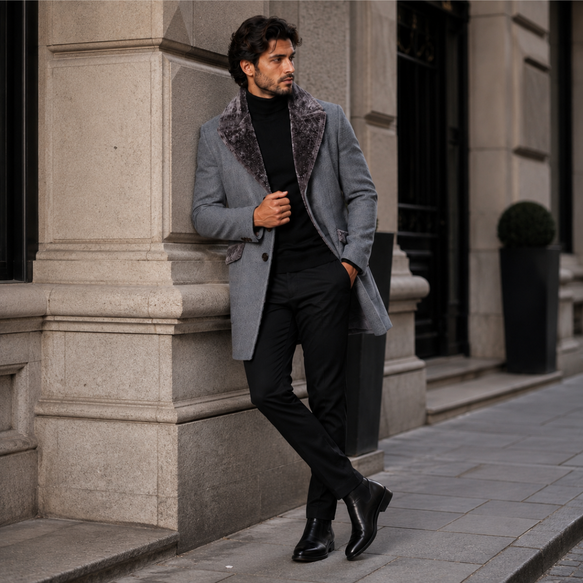 The Pinebrook Men’s Winter Slim Fit Long Jacket with Fur Lapel