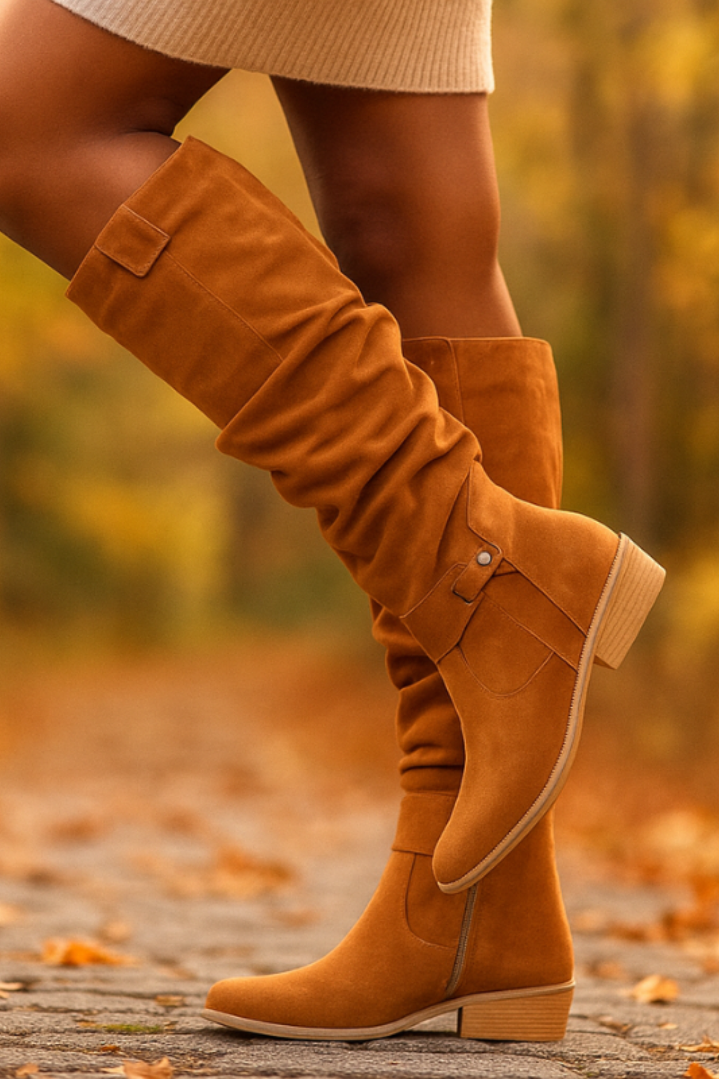 Women’s Slouchy Knee High Boots – Buckle Low Heel Riding Boots