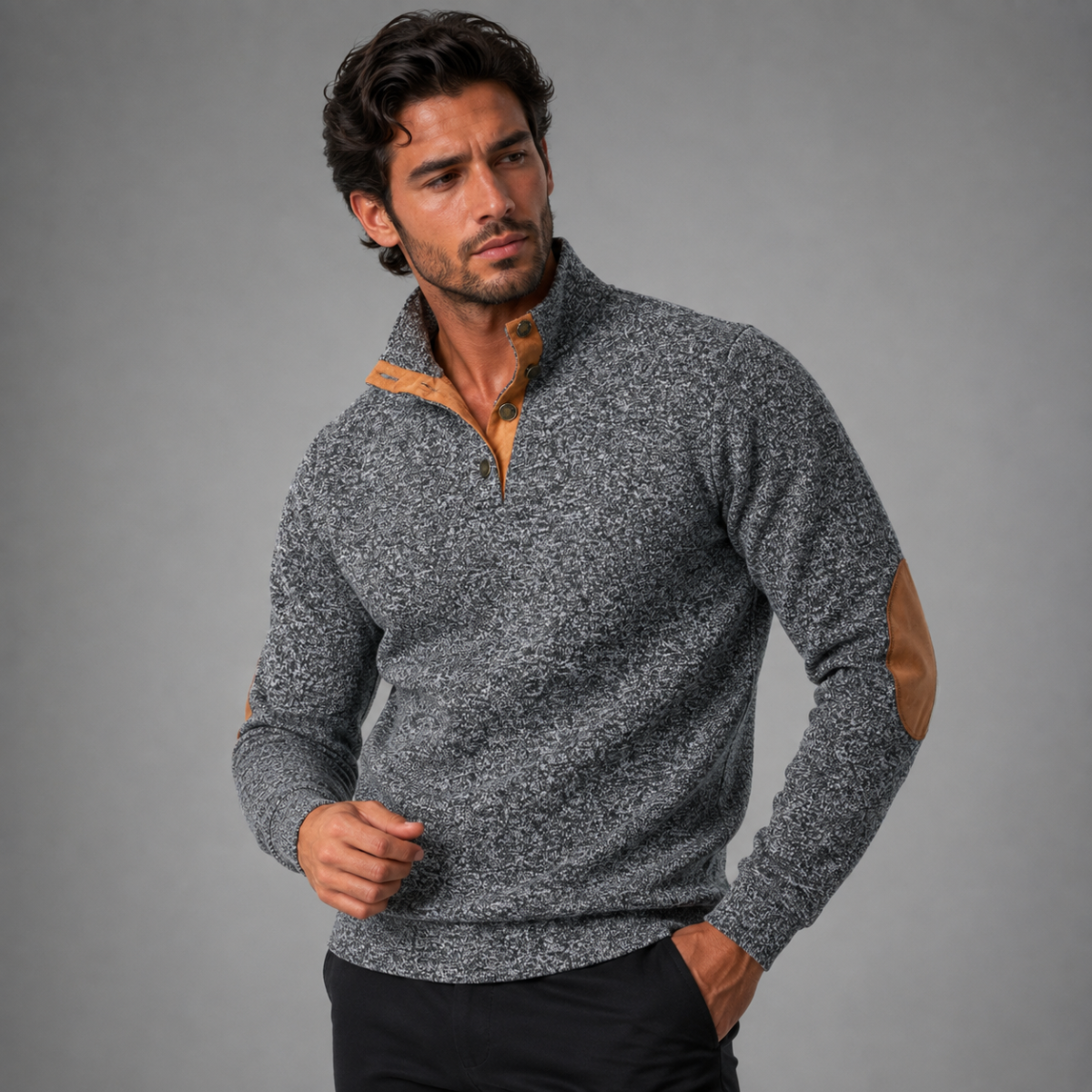 The Oakcrest Men's Stand Collar Fleece Sweater with Suede Elbow Patches