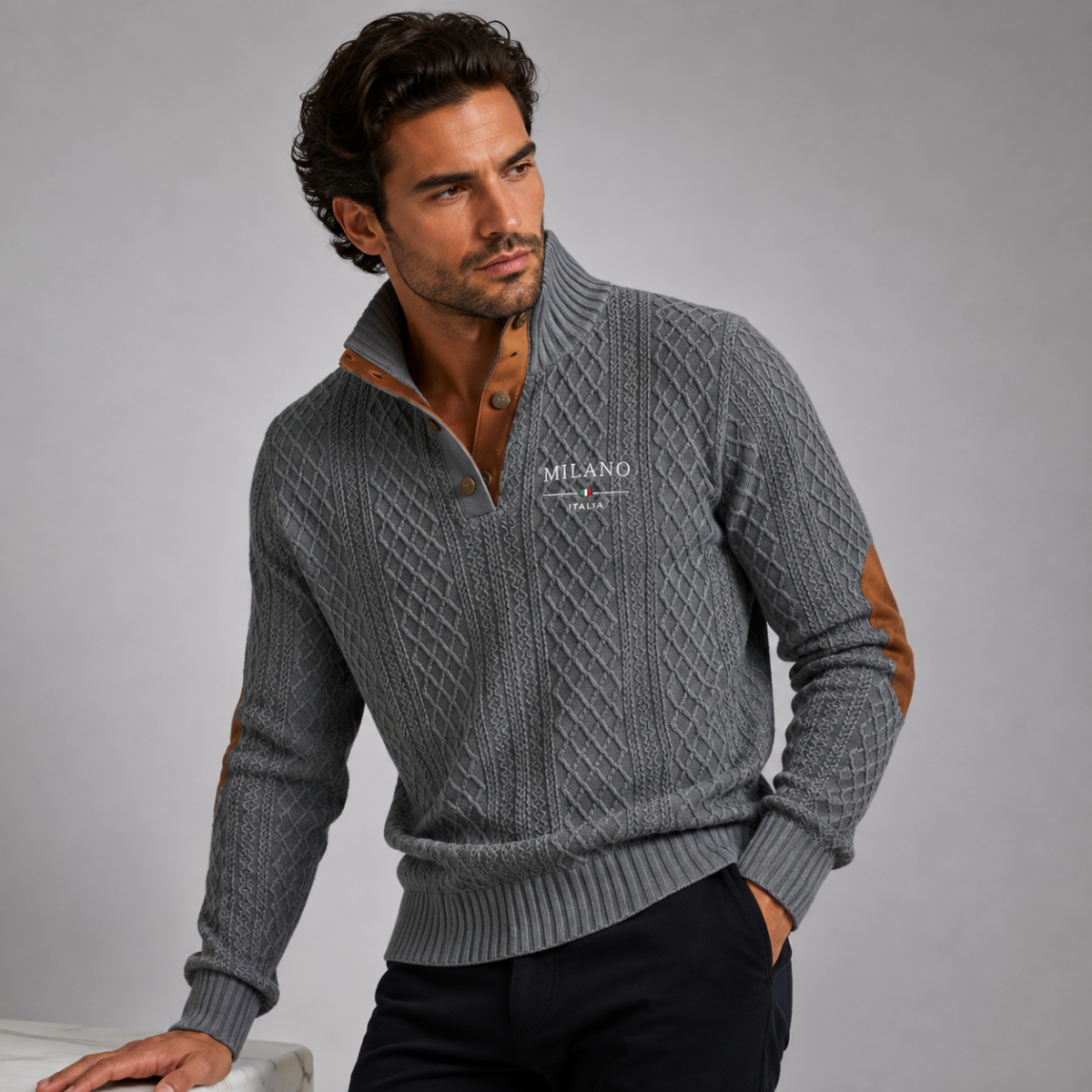 The Harringdale Men’s Milano Knit Quarter Zip Sweater with Elbow Patches