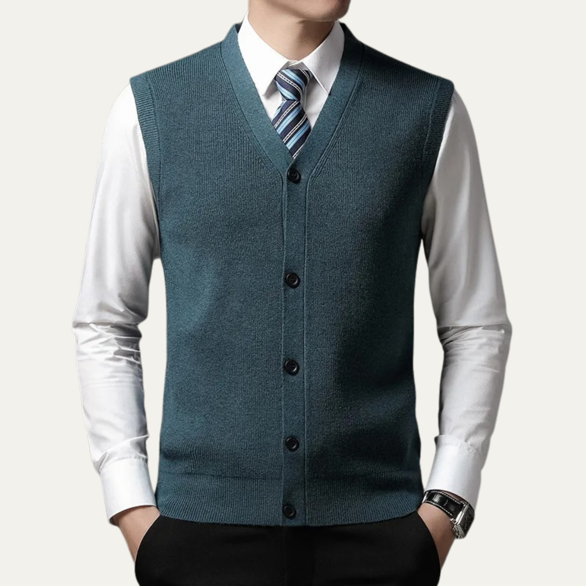 Men's Sweater Vest Blue Button Up V Neck