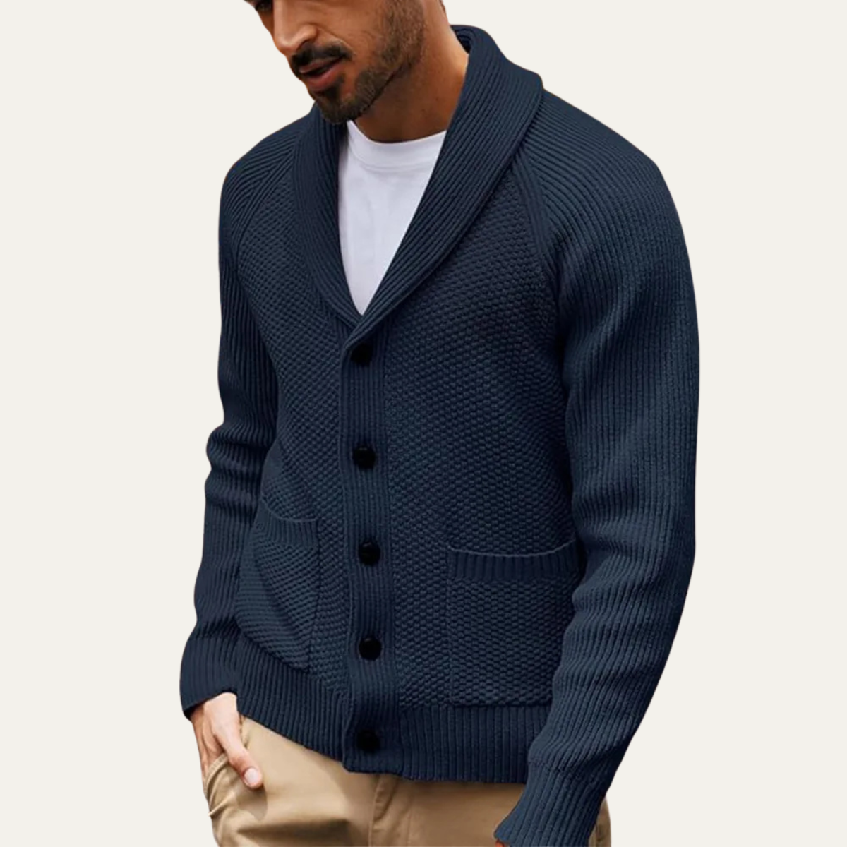 The Normandy Men’s Shawl Collar Knit Cardigan with Front Pockets