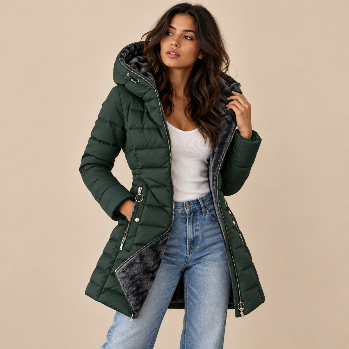 Women's Fur Hooded Puffer Coat – Long Quilted Winter Jacket