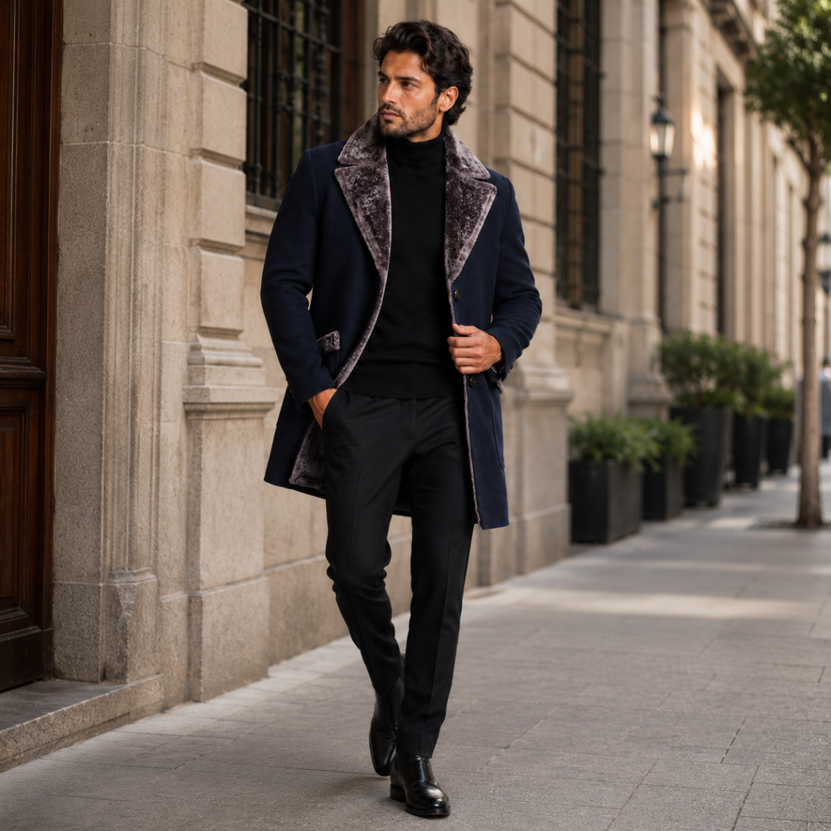 The Pinebrook Men’s Winter Slim Fit Long Jacket with Fur Lapel
