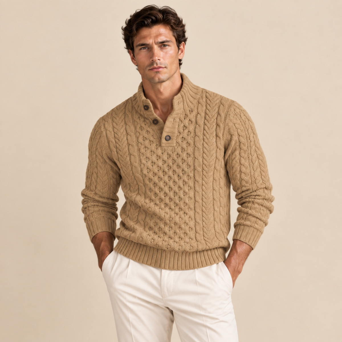 The Brighton Men’s Chunky Button Neck Knit Cable Sweater