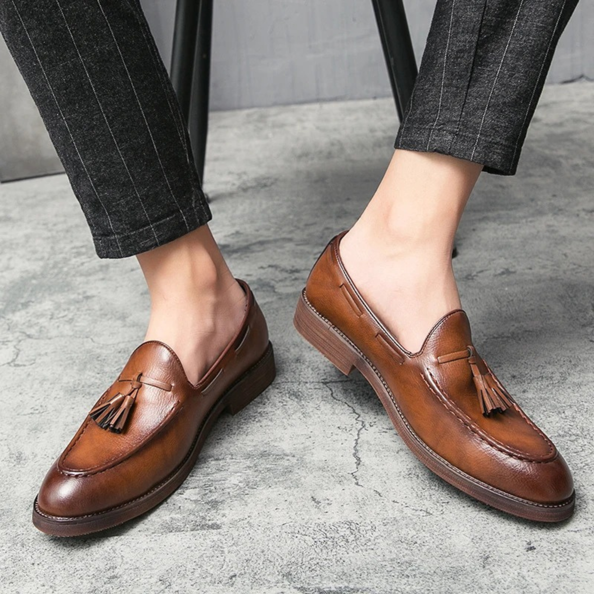 The Hawthorne Park Men’s Pointed Toe Tassel Faux Leather Slip On Loafers