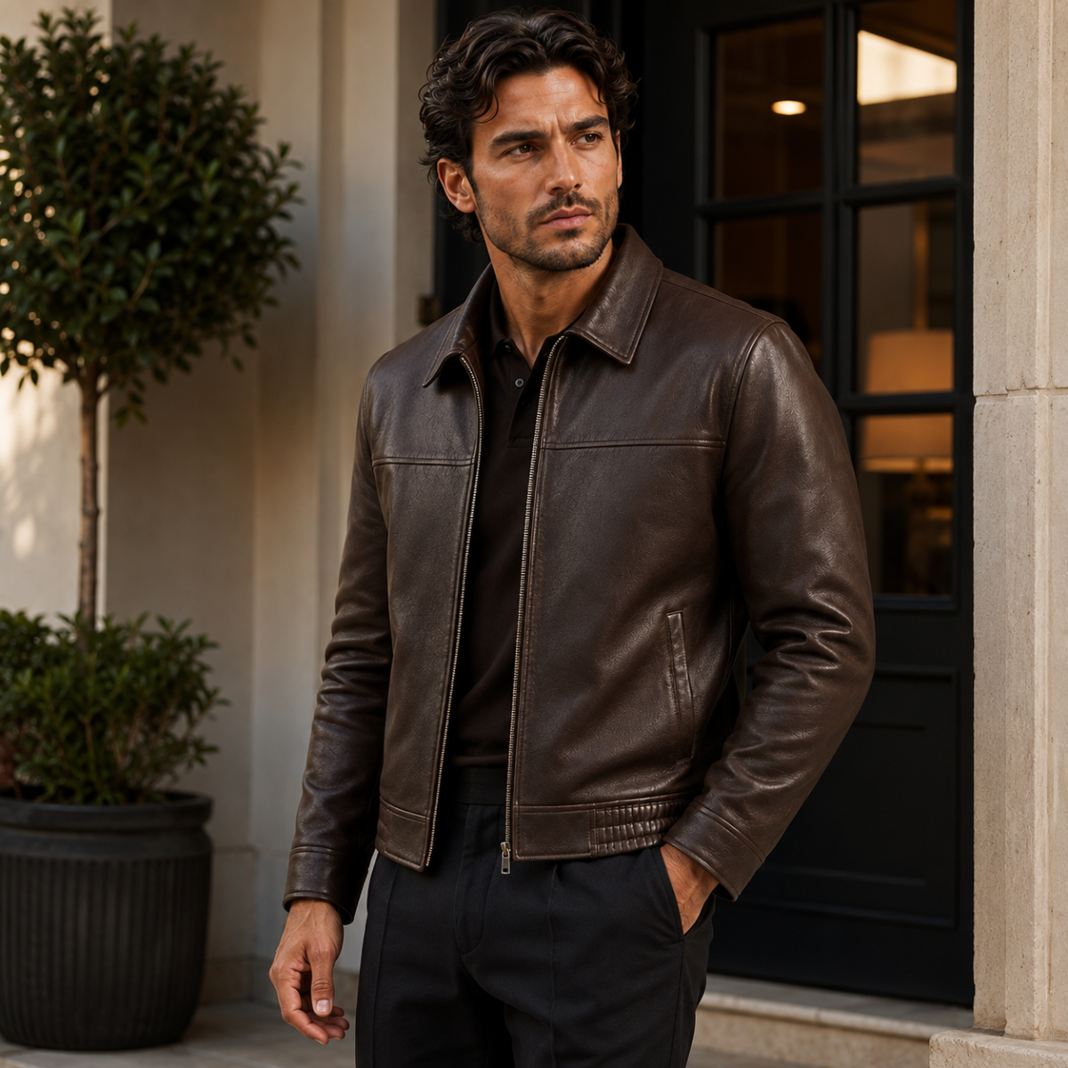 The Chianti Men’s Classic Zip Biker Faux Leather Jacket