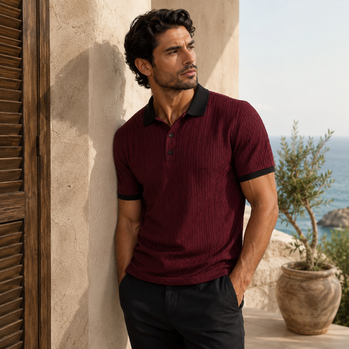 The Glenbrook Hill Men’s Casual Textured Polo Shirt with Contrast Collar