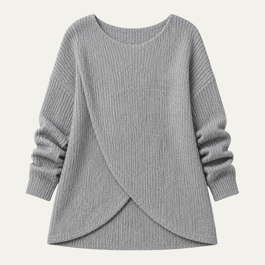 Women's Ribbed Sweater with Asymmetrical Slit Hem