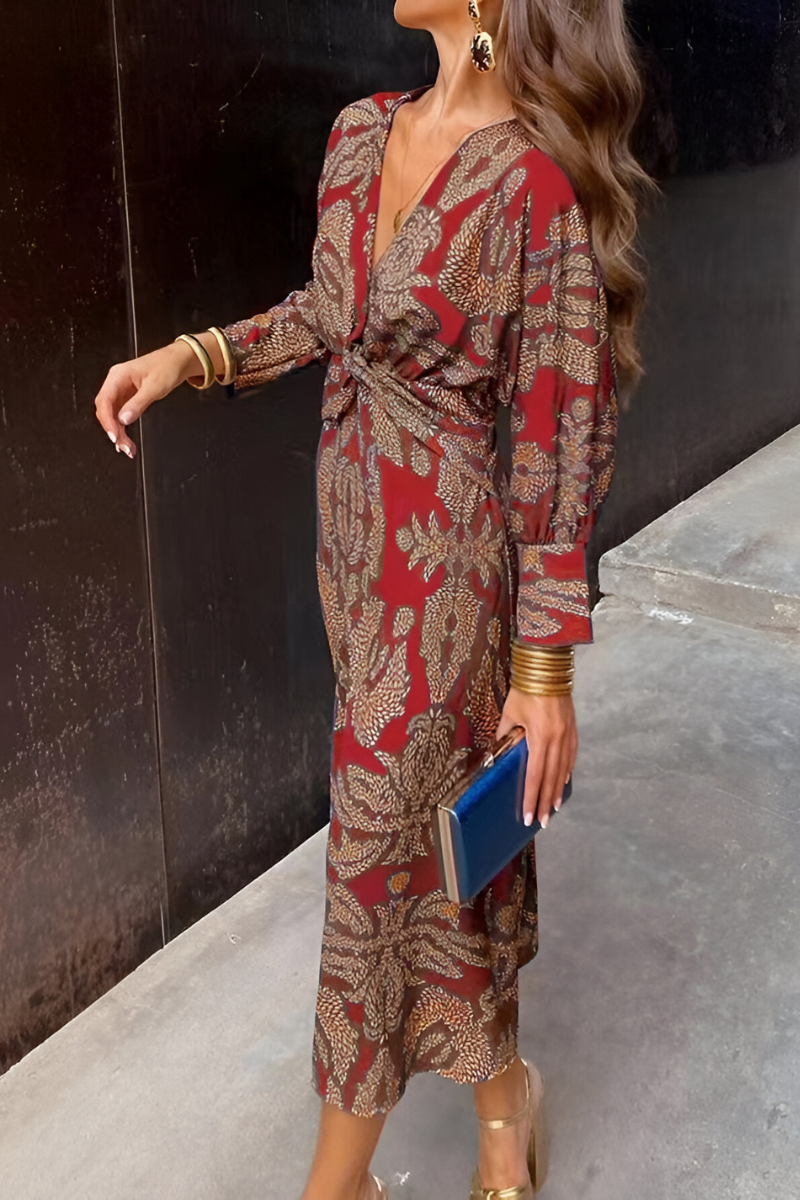 Women's Printed Midi Dress with Gathered Waist