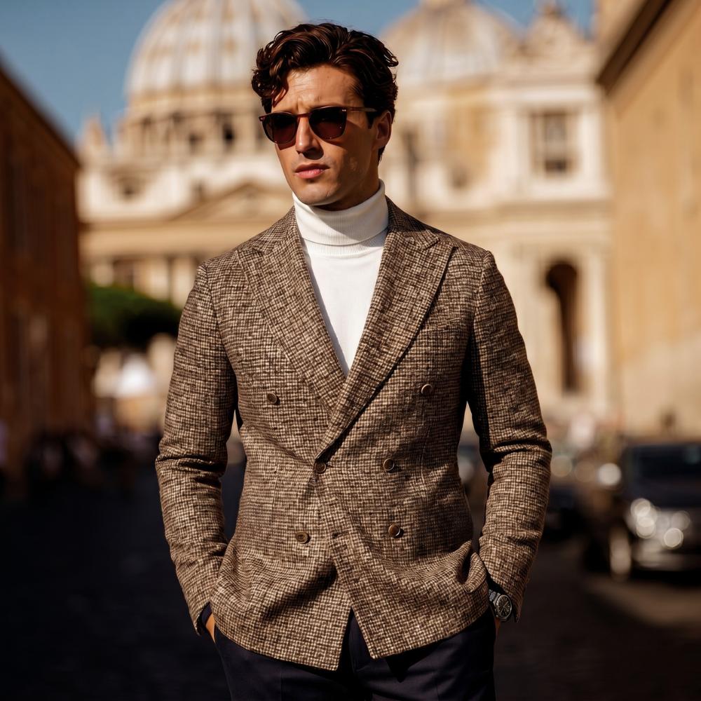 Men's Herringbone Tweed Suit Beige Double Breasted