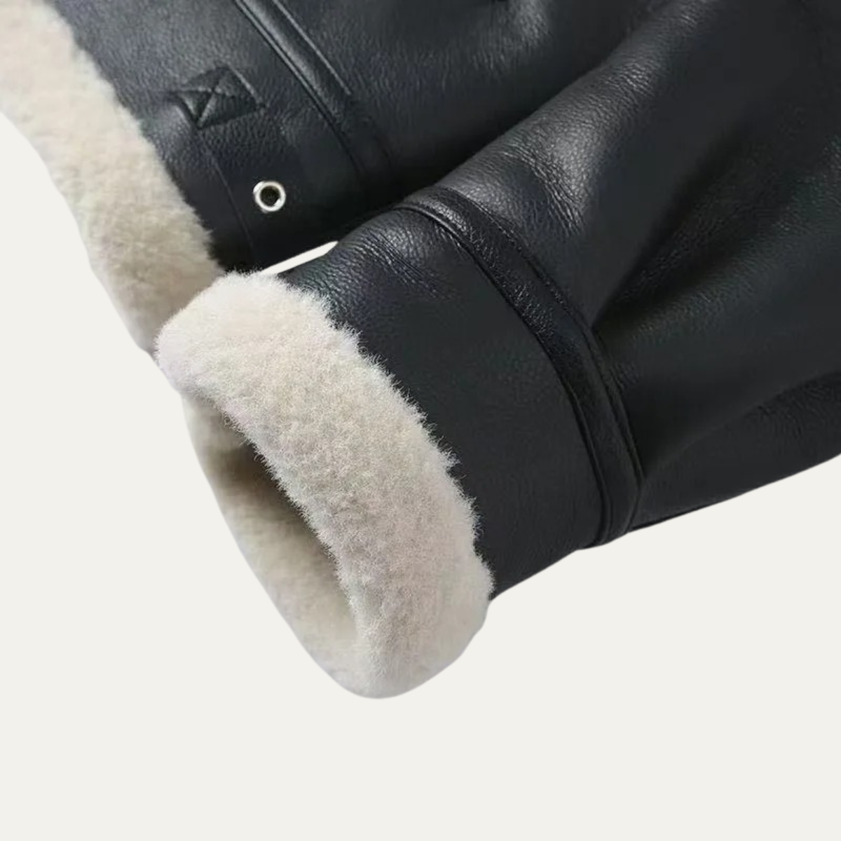 Men's Sherpa Lined Leather Jacket Black Cream Collar