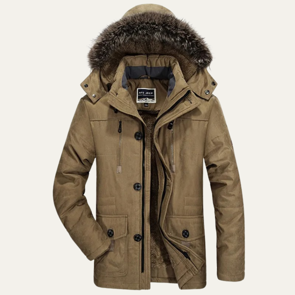 Men's Puffer Jacket Charcoal Fur Hooded Winter Coat