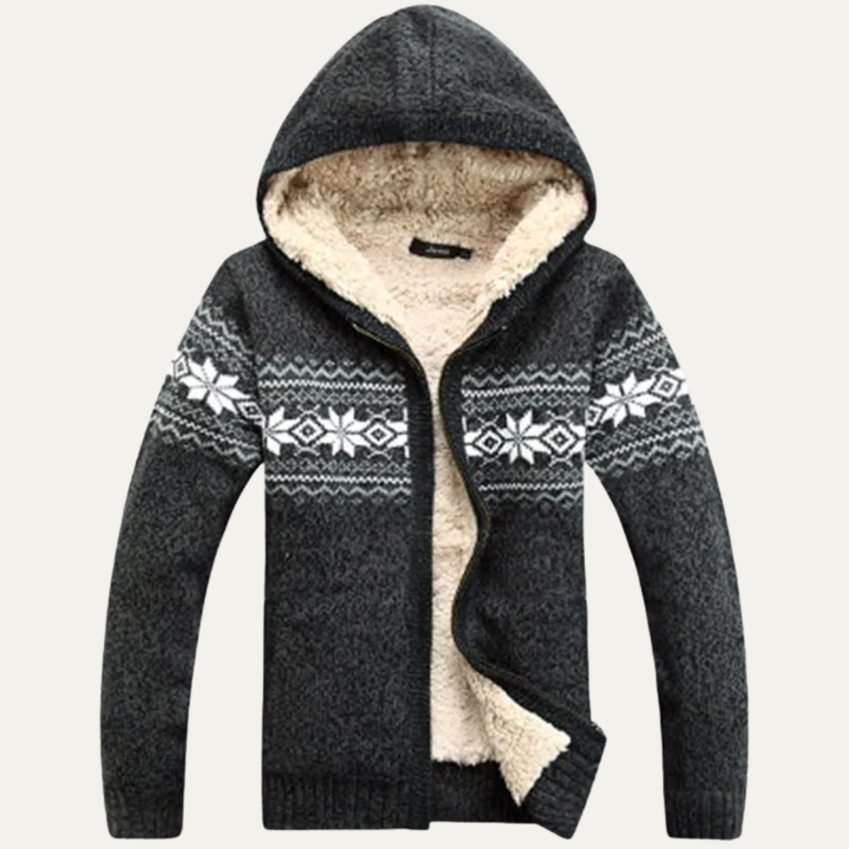 Men's Sherpa Lined Cardigan Cream Nordic Pattern Zip Up