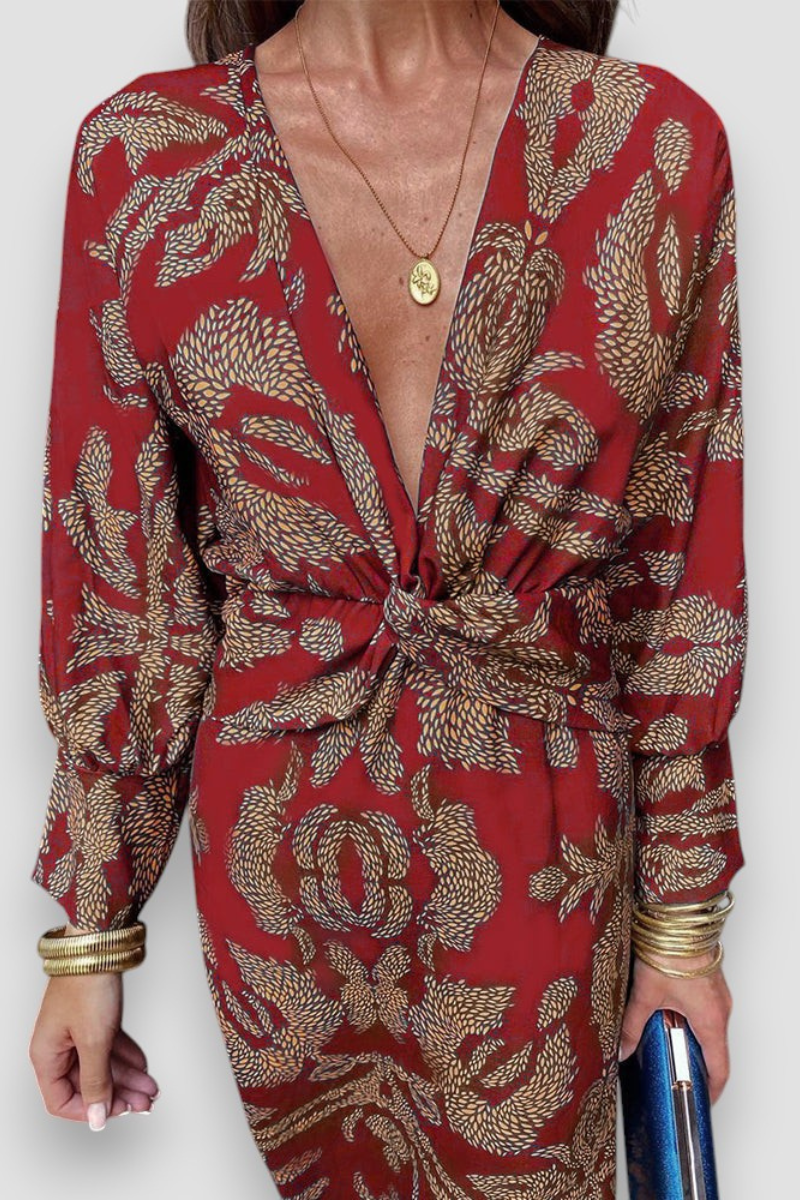 Women's Printed Midi Dress with Gathered Waist
