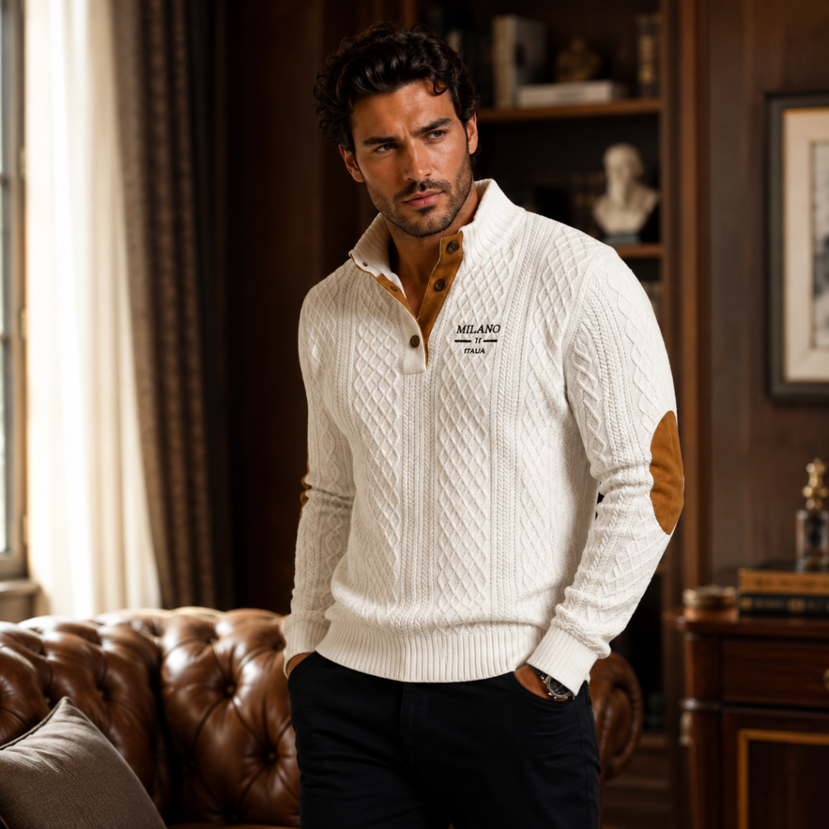 The Harringdale Men’s Milano Knit Quarter Zip Sweater with Elbow Patches