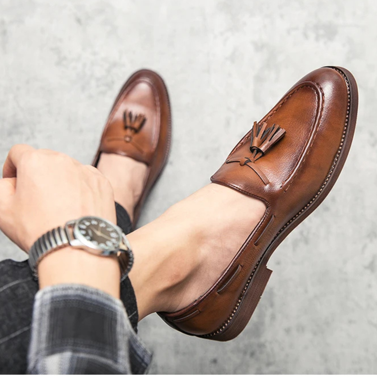 The Hawthorne Park Men’s Pointed Toe Tassel Faux Leather Slip On Loafers