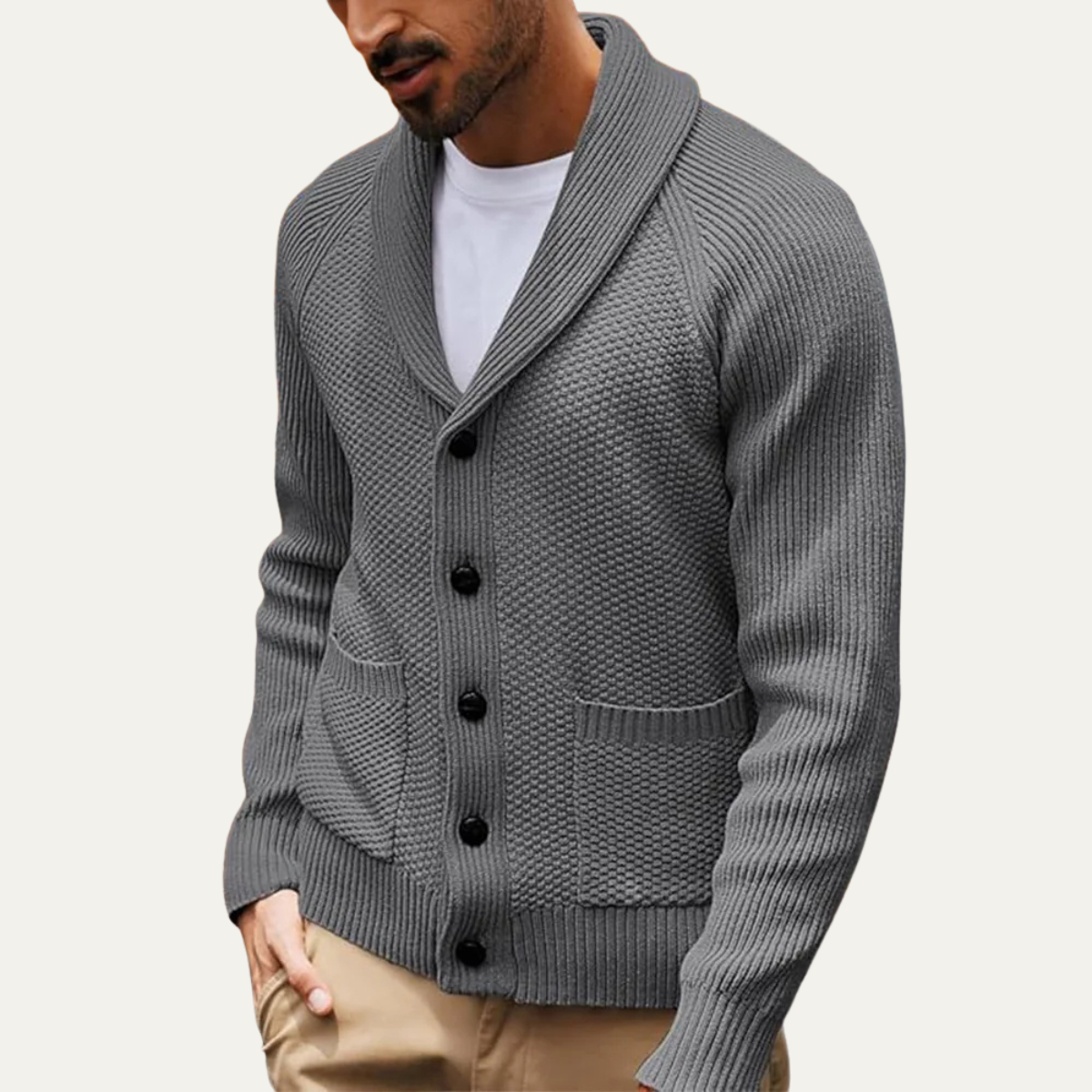 The Normandy Men’s Shawl Collar Knit Cardigan with Front Pockets