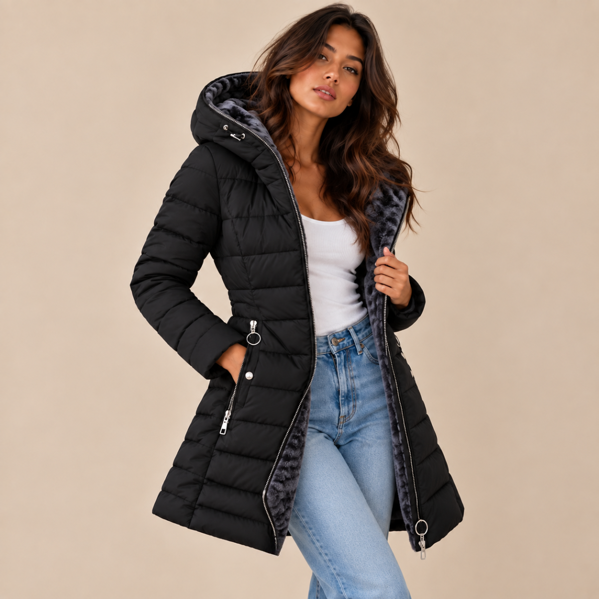 Women's Fur Hooded Puffer Coat – Long Quilted Winter Jacket