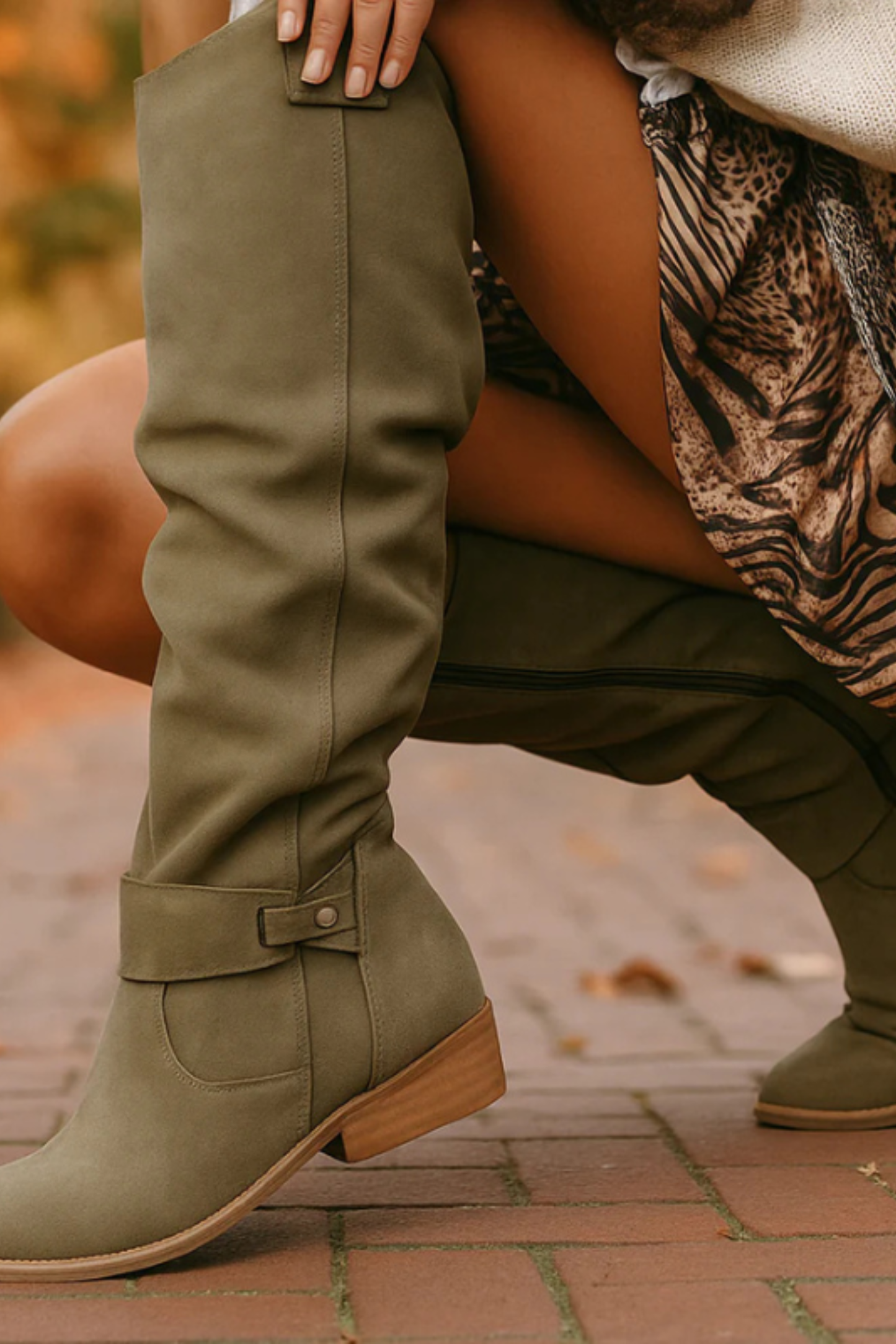 Women’s Slouchy Knee High Boots – Buckle Low Heel Riding Boots