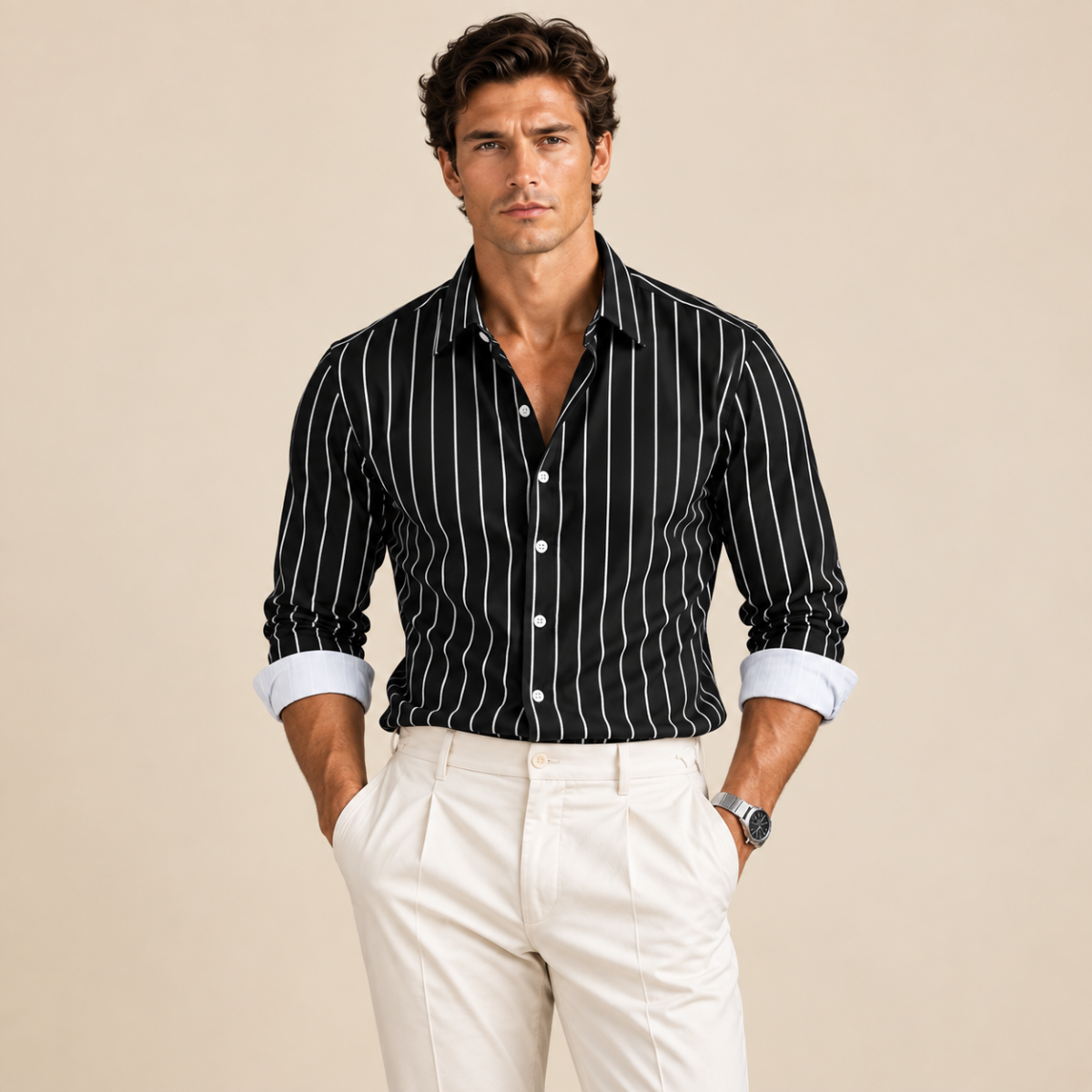 The Bolzano Men’s Trendy Button Down Striped Dress Shirt