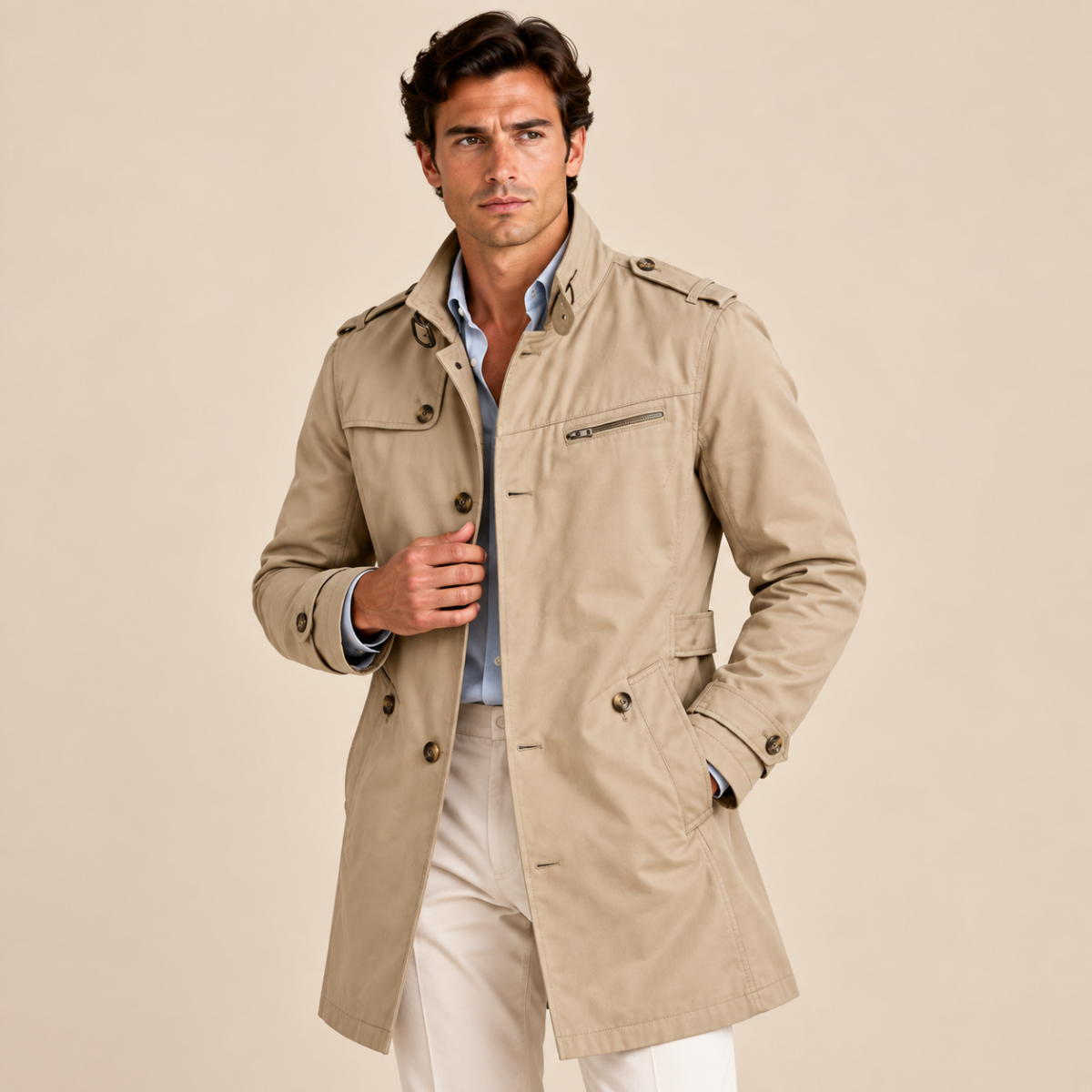 The Brackenridge Men’s Slim Fit Cotton Notched Collar Trench Coat