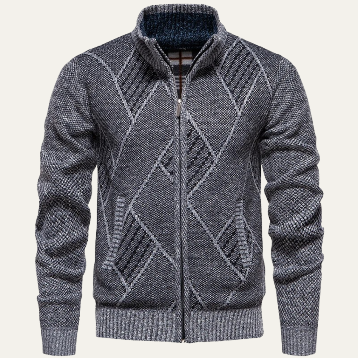 The Amalfi Men’s Knit Fleece Zip-Front Cardigan with Diamond Pattern