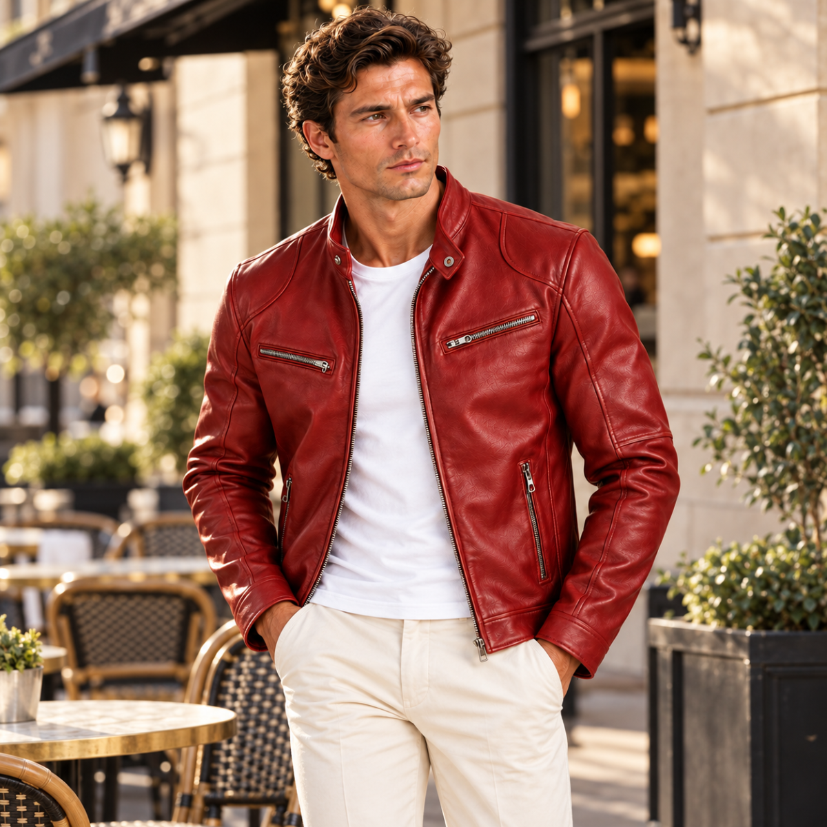 Men's Leather Jacket Burgundy Zip Up