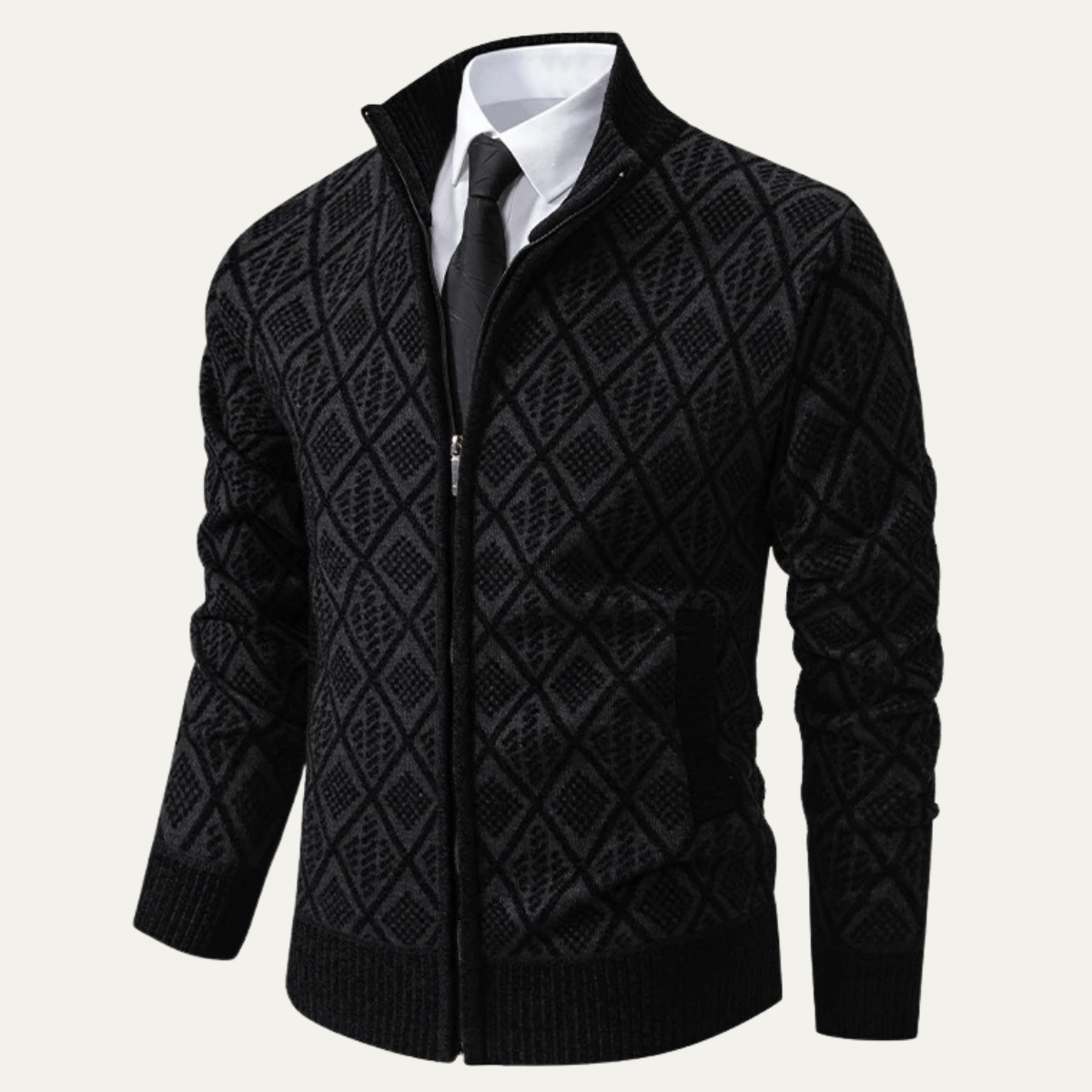 The San Gimignano Men’s Knit Diamond Pattern Zip Jacket with Stand Collar