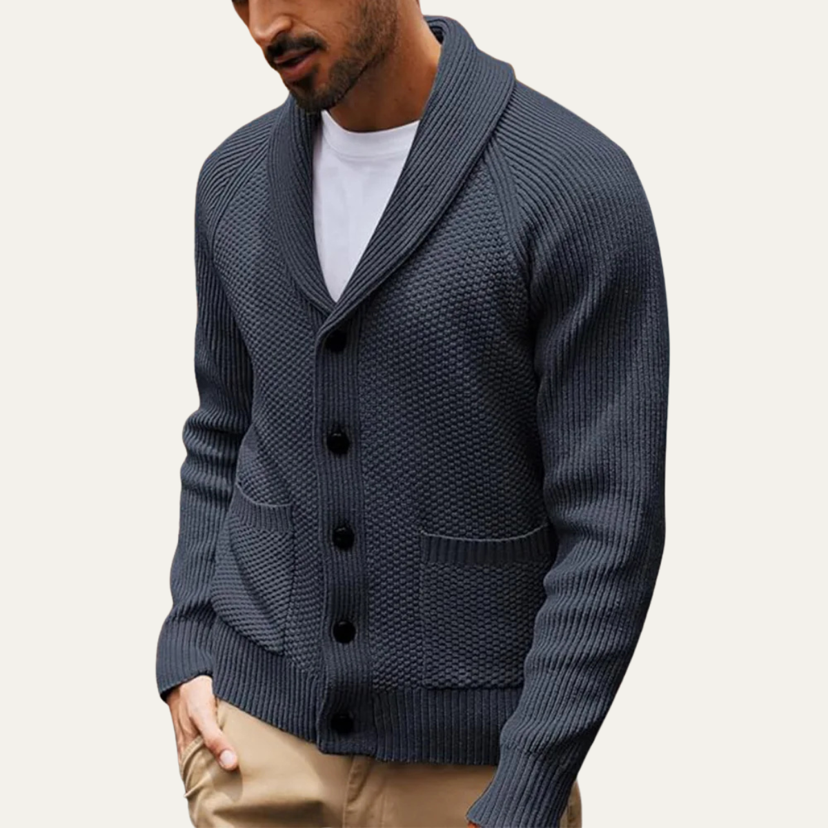 The Normandy Men’s Shawl Collar Knit Cardigan with Front Pockets