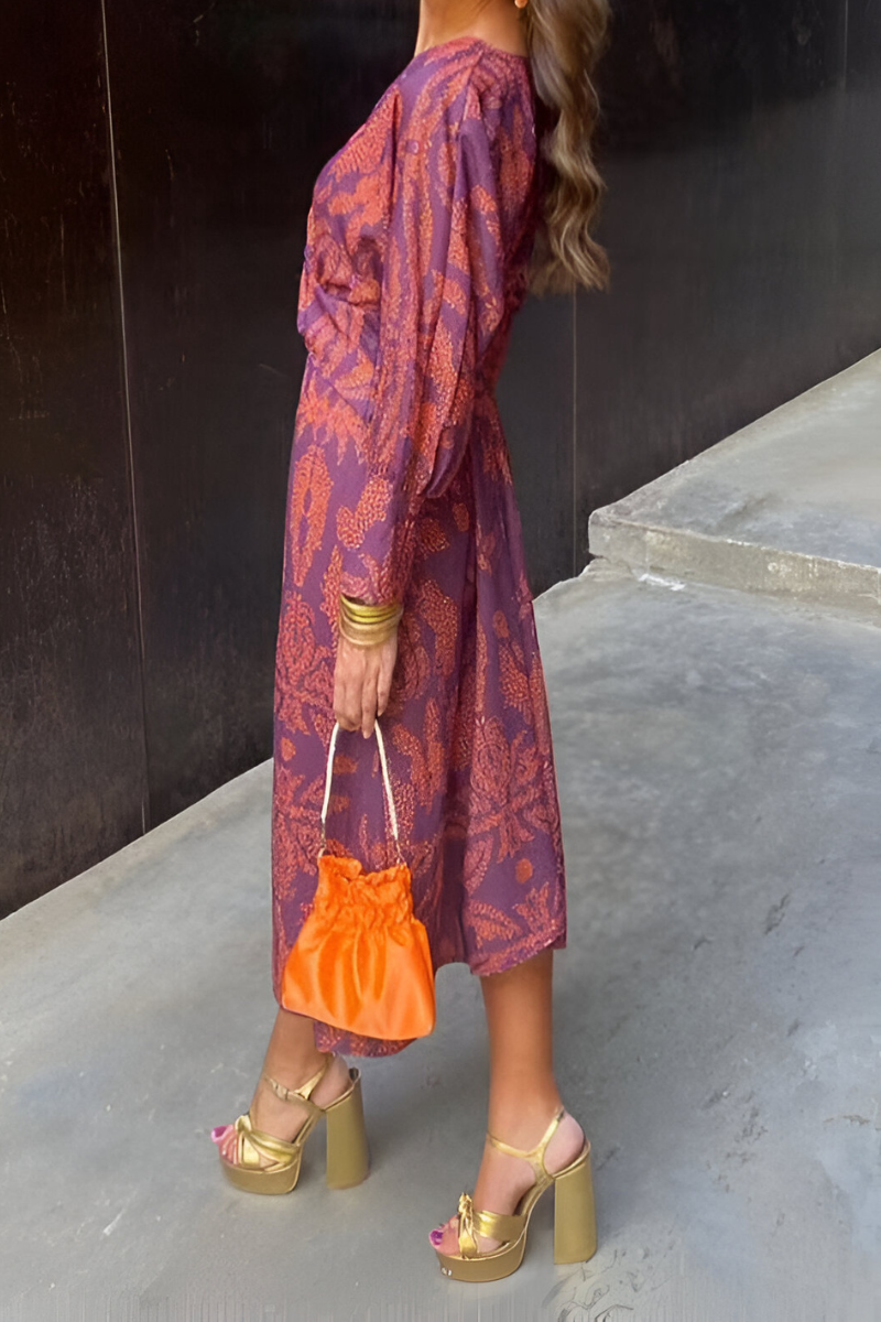Women's Printed Midi Dress with Gathered Waist