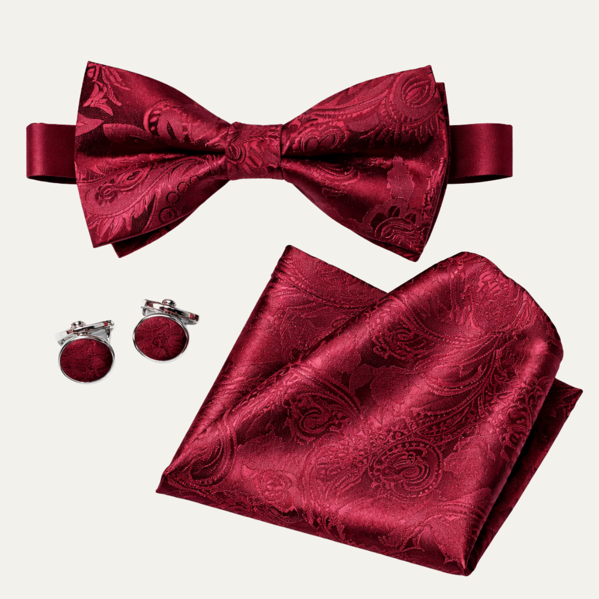 The Ashbury Men’s Bow Tie with Pocket Square & Cufflinks Set – Burgundy Paisley