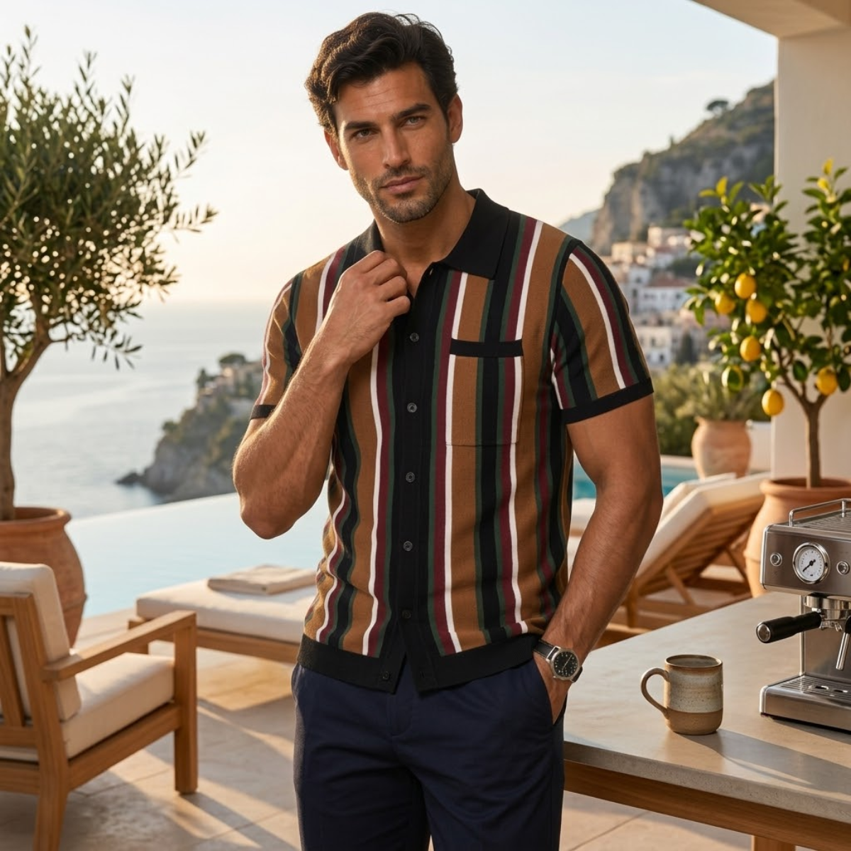 The San Gimignano Men’s Retro Striped Knit Trendy Polo Shirt