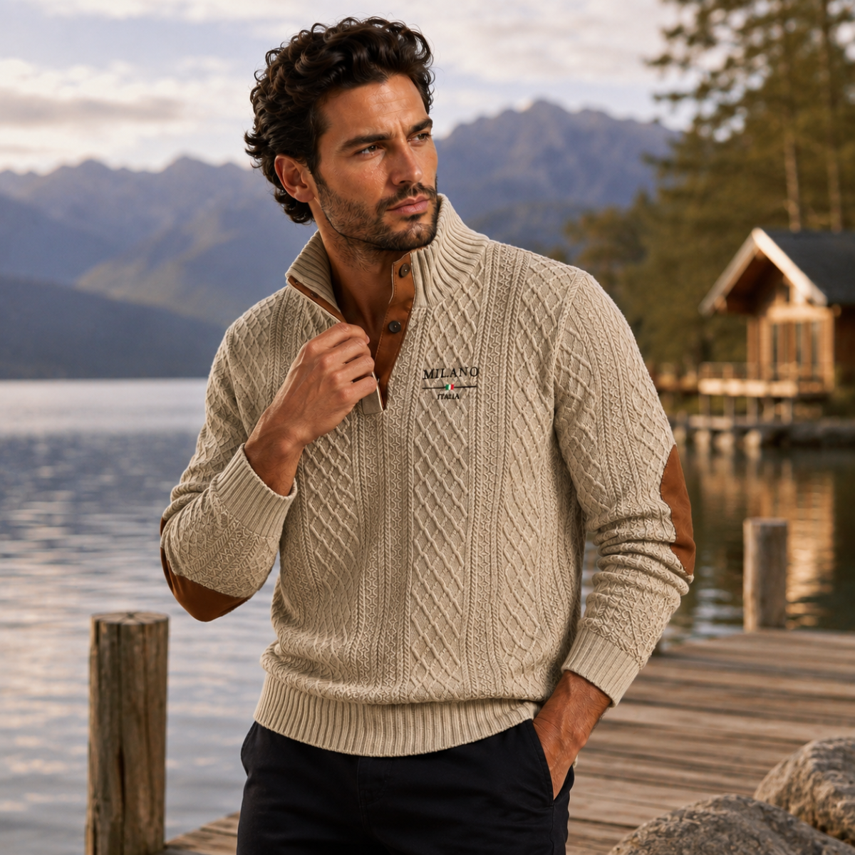 The Harringdale Men’s Milano Knit Quarter Zip Sweater with Elbow Patches