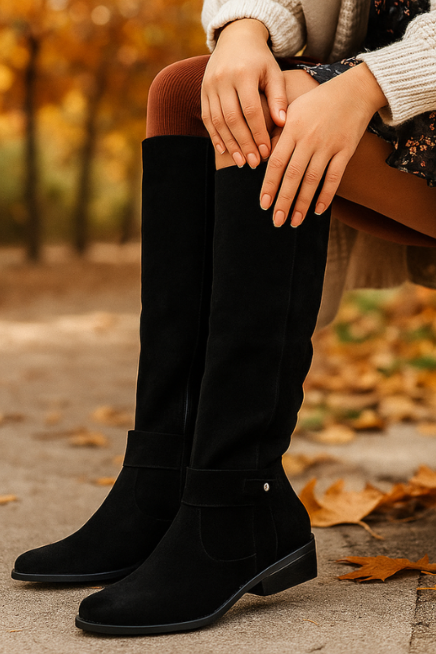 Women’s Slouchy Knee High Boots – Buckle Low Heel Riding Boots