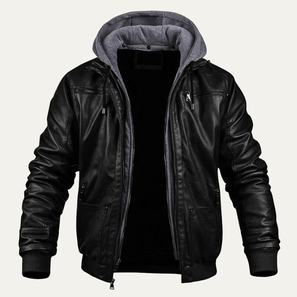 Men's Leather Jacket Black Hooded Bomber