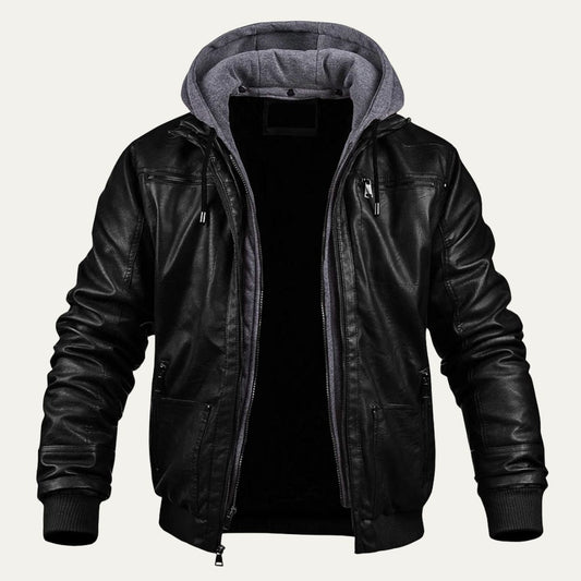 Men's Leather Jacket Black Hooded Bomber