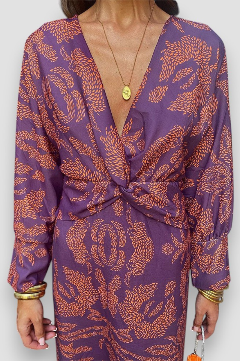 Women's Printed Midi Dress with Gathered Waist